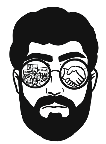 Padayatra comic cover: a bearded man whose glasses reflect a protest and a handshake